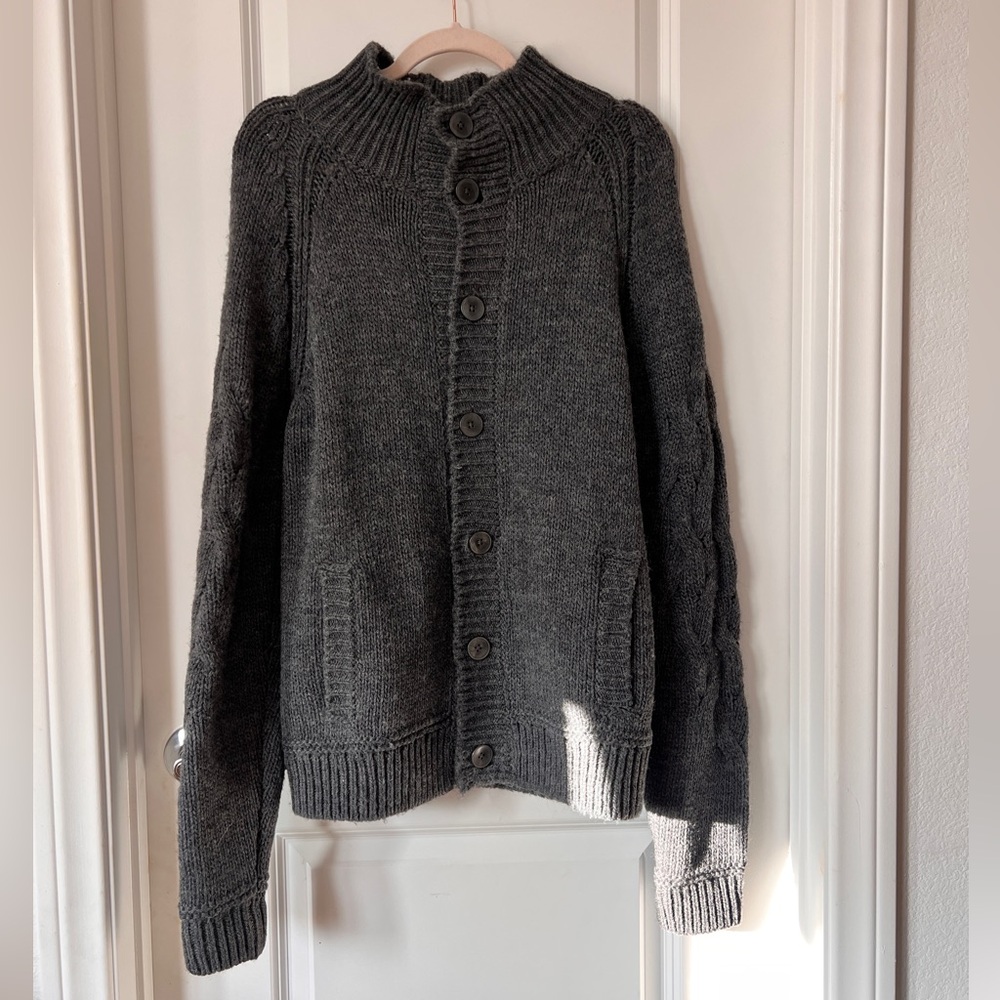 BOSS‎ Hugo Boss Gray Wool Blend Cable Knit Cardigan Large Button Front Sweater